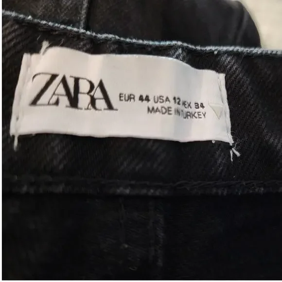ZARA Wide Leg Distressed Black Denim Jeans Raw Hem Size 12 - Picture 4 of 4